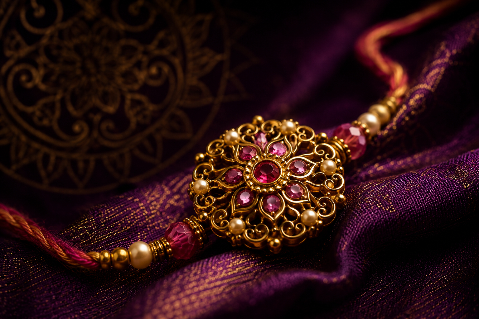 Close-up of an ornate gold and pink rakhi pendant