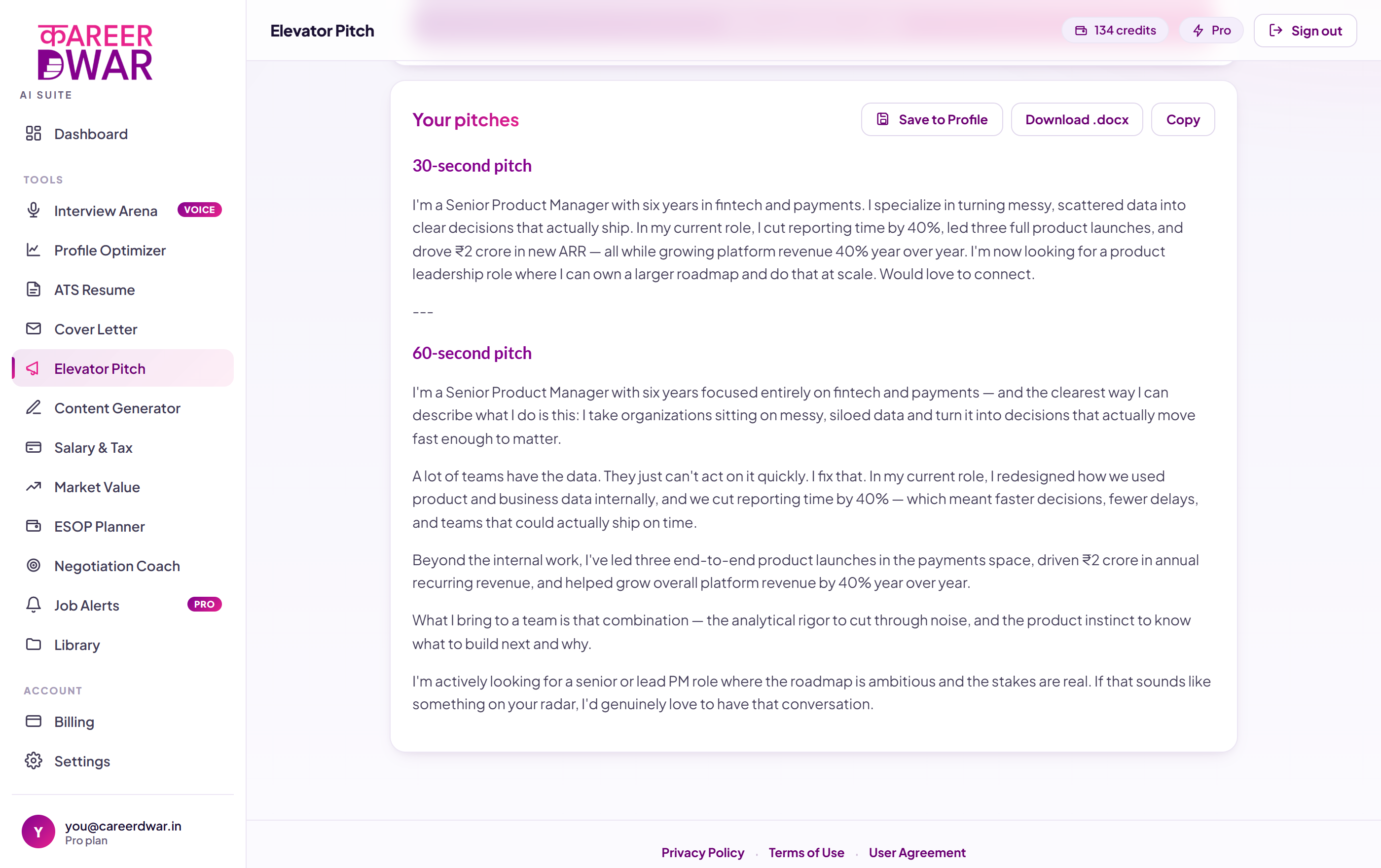 Elevator Pitch screenshot from the Career Dwar AI Suite
