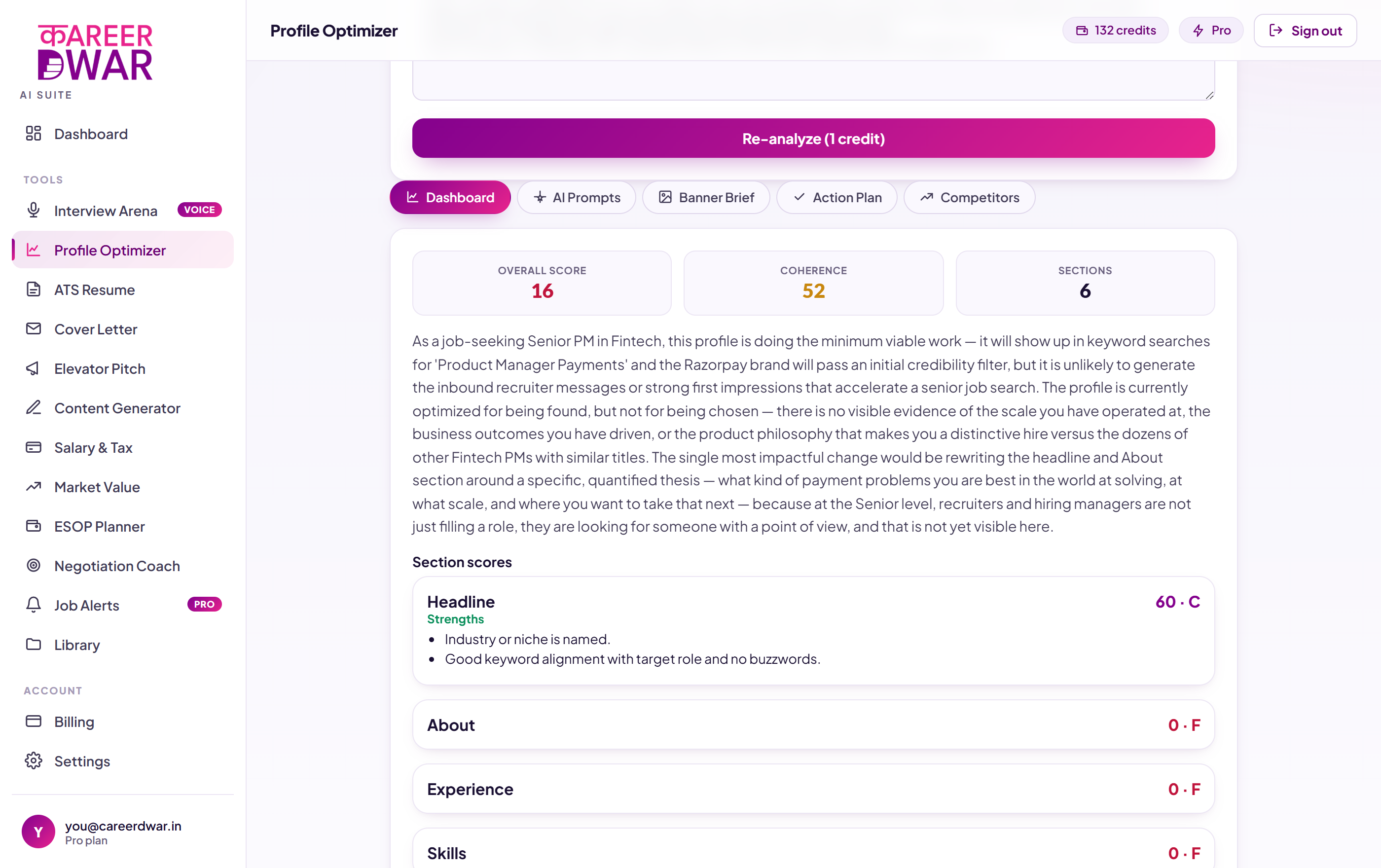 Profile Optimizer screenshot from the Career Dwar AI Suite