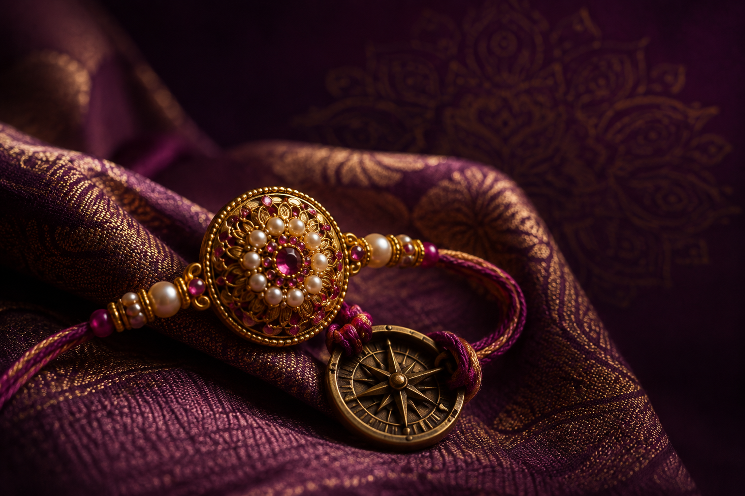 An ornate gold-and-pearl rakhi with a compass charm resting on rich purple silk