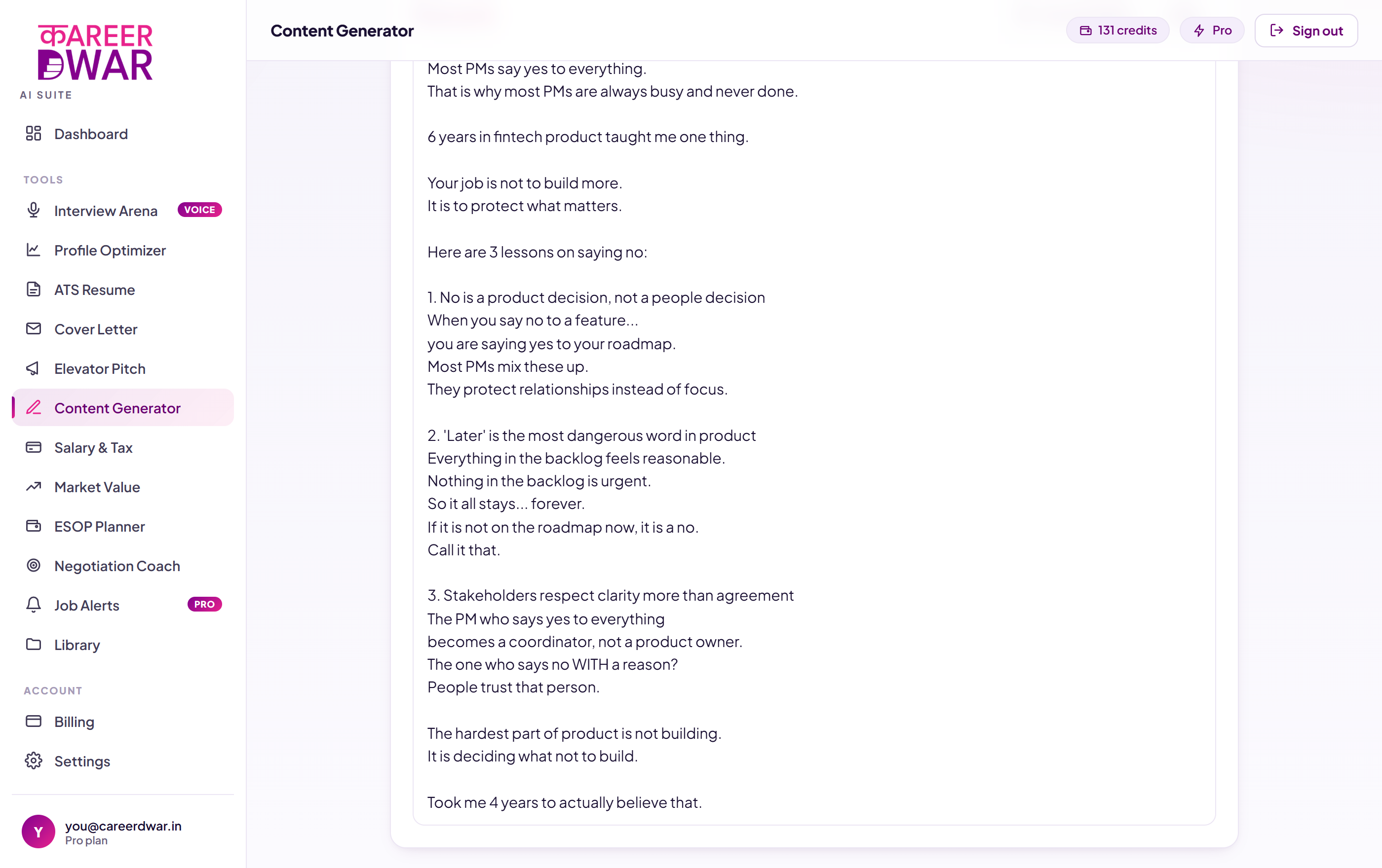 Content Generator screenshot from the Career Dwar AI Suite