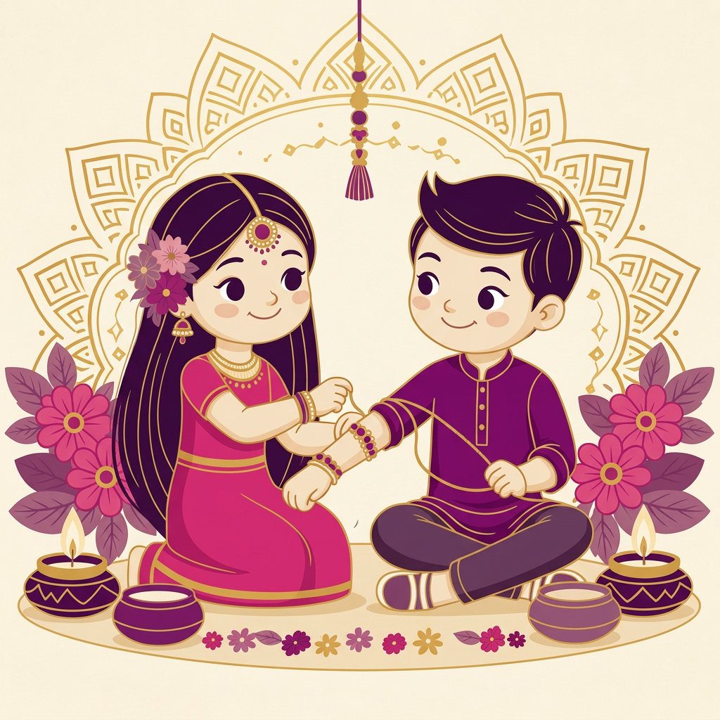 Illustration of a sister tying a rakhi on her brother's wrist
