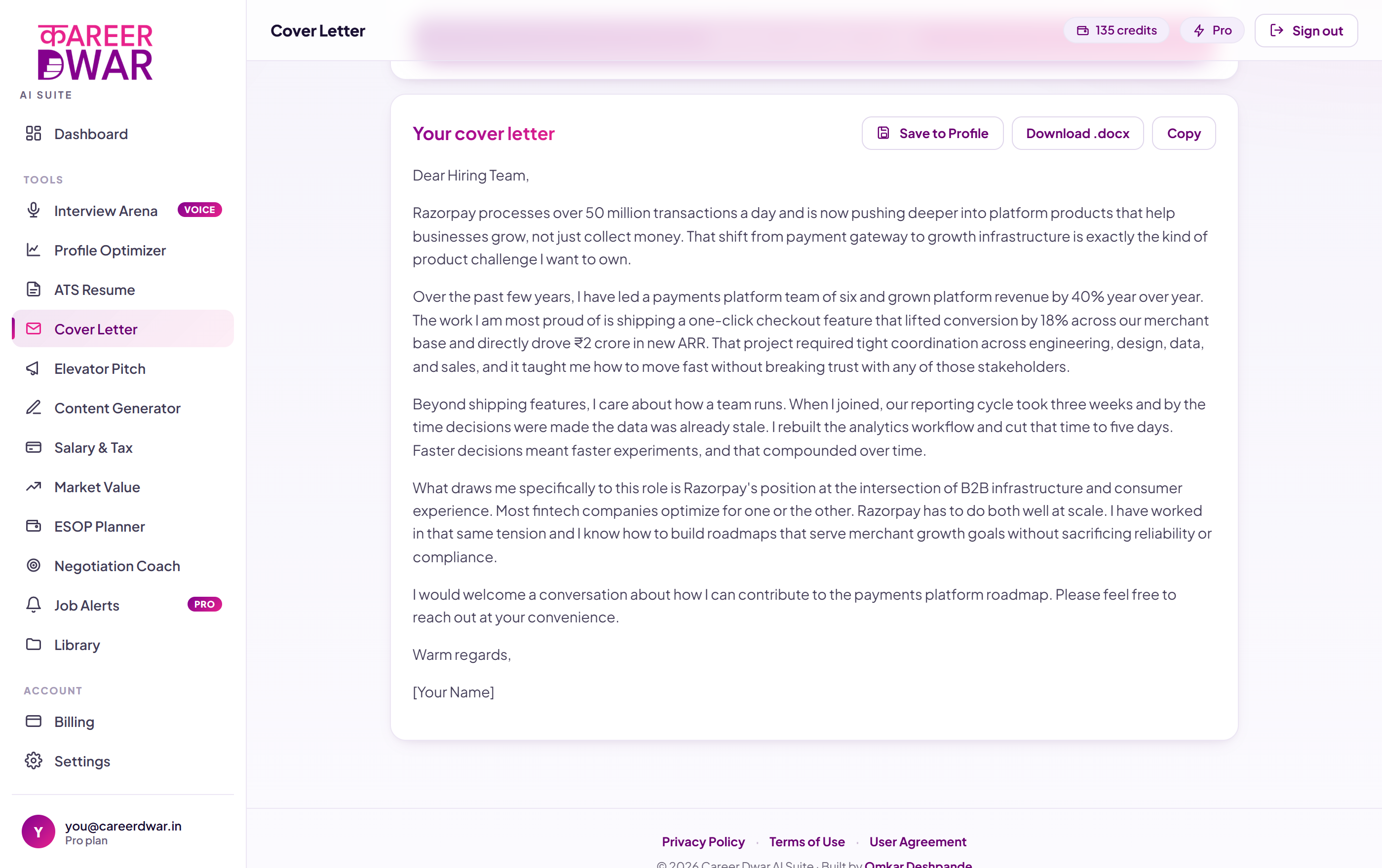 Cover Letter screenshot from the Career Dwar AI Suite