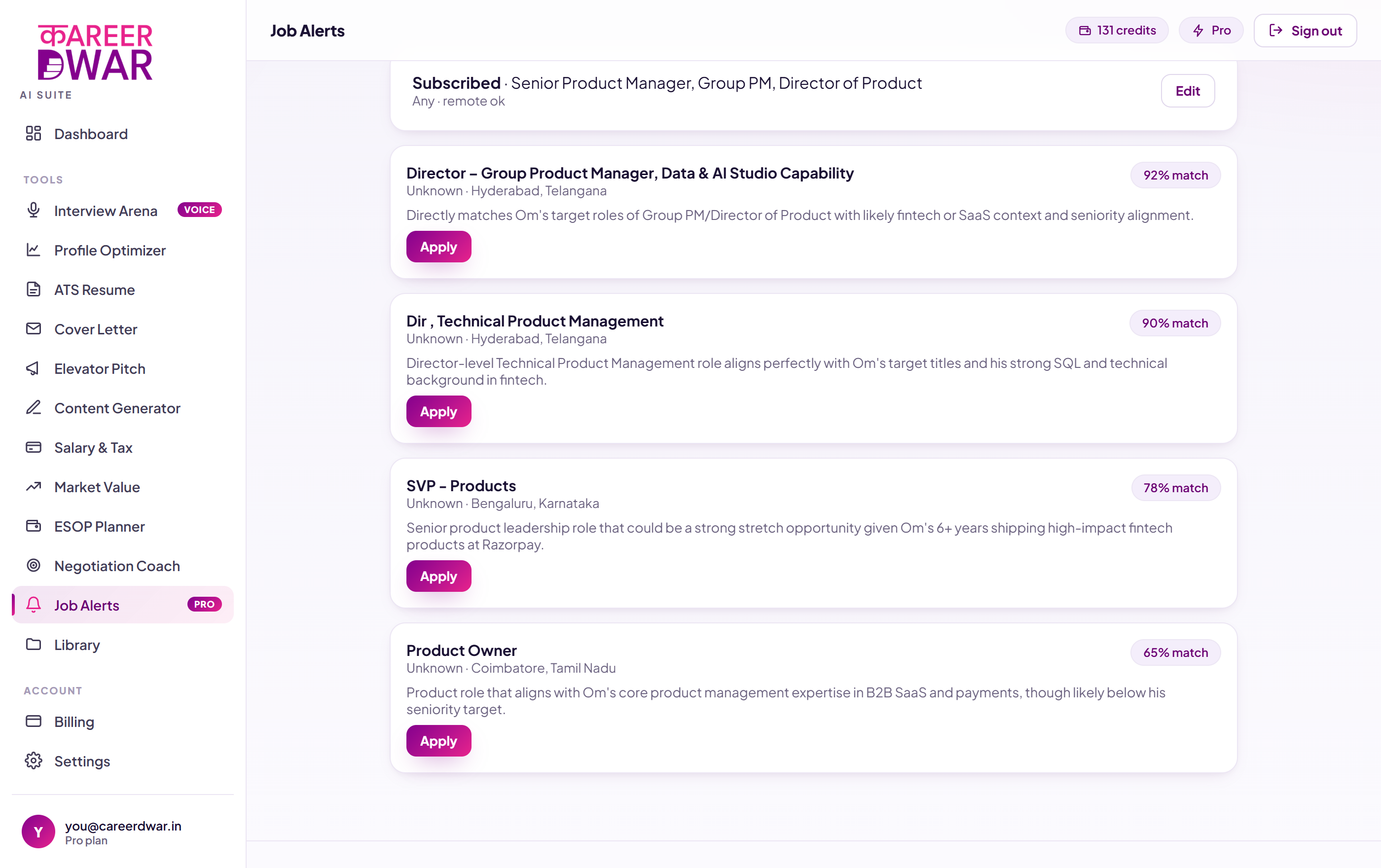 Job Alerts screenshot from the Career Dwar AI Suite
