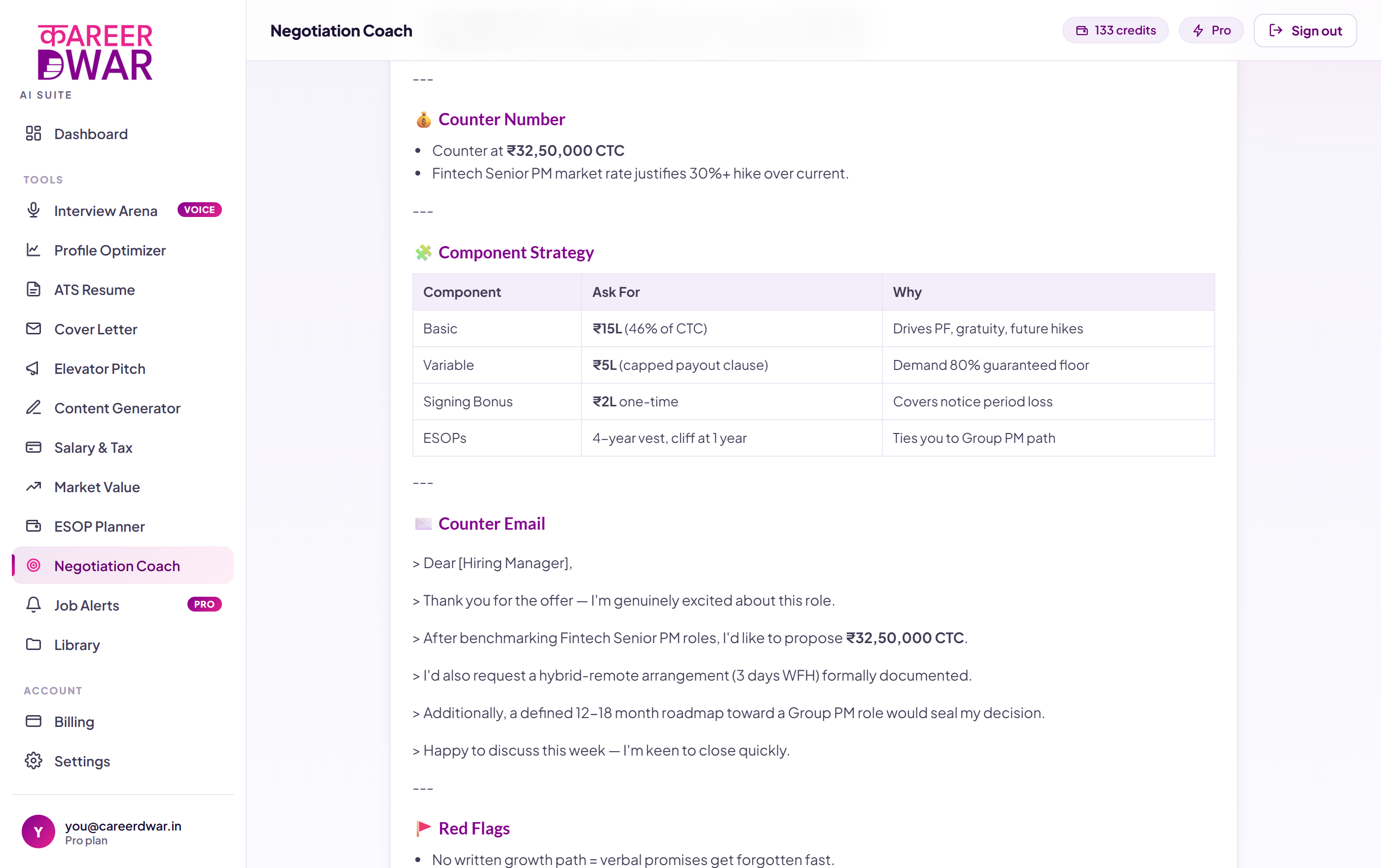 Negotiation Coach screenshot from the Career Dwar AI Suite